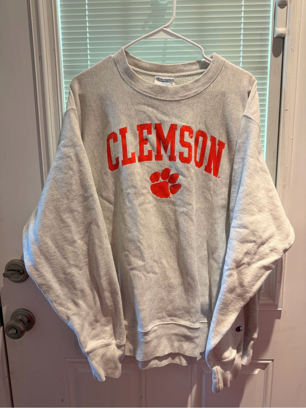Champion Off-White Crewneck Sweatshirt with Orange Clemson Logo